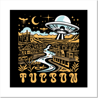 Tucson Arizona Vintage UFO Desert Town Illustration - Retro Extraterrestrial Art Posters and Art